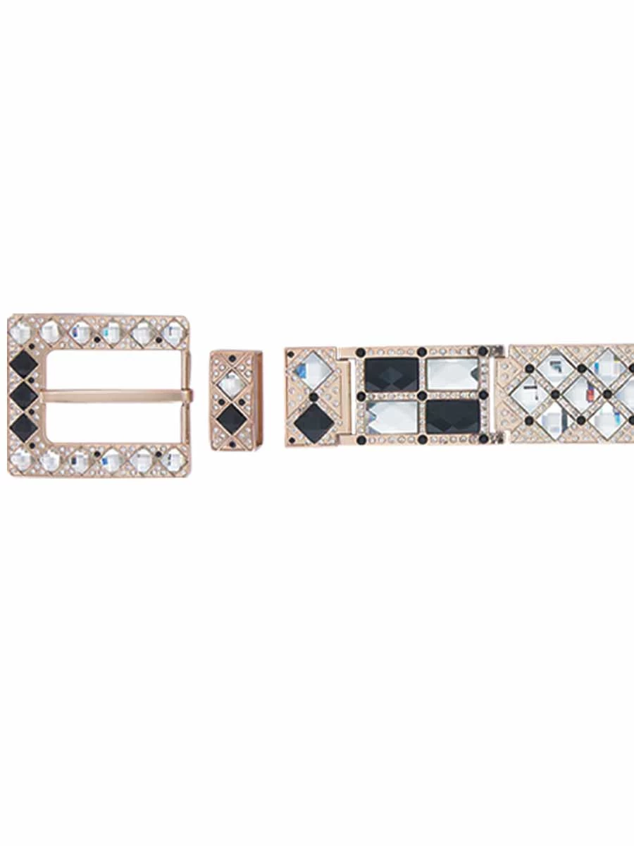 Herraje Para Cinto Vaquero De 1 1/2" Adorno Cristal Negro/Blanco 4-Pzas De Metal Dorado Grabado 'El General' - ID: 29922