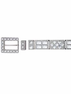 Herraje Para Cinto Vaquero De 1 1/2" Adorno Cristal Blanco 4-Pzas De Metal Plateado Grabado 'El General' - ID: 29924