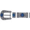 Herraje Para Cinto Vaquero De 1 1/2" Adorno Cruz De Cristal Azul 6-Pzas De Metal Ahumado Grabado 'El General' - ID: 29973