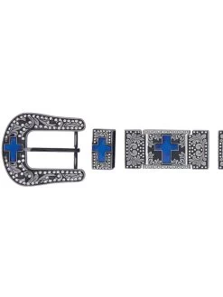 Herraje Para Cinto Vaquero De 1 1/2" Adorno Cruz De Cristal Azul 6-Pzas De Metal Ahumado Grabado 'El General' - ID: 29973
