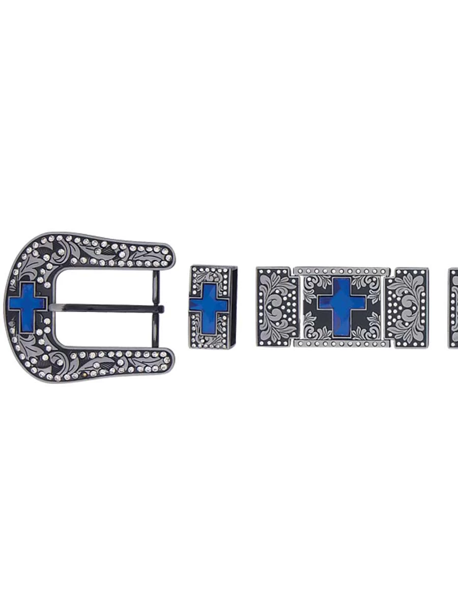 Herraje Para Cinto Vaquero De 1 1/2" Adorno Cruz De Cristal Azul 6-Pzas De Metal Ahumado Grabado 'El General' - ID: 29973