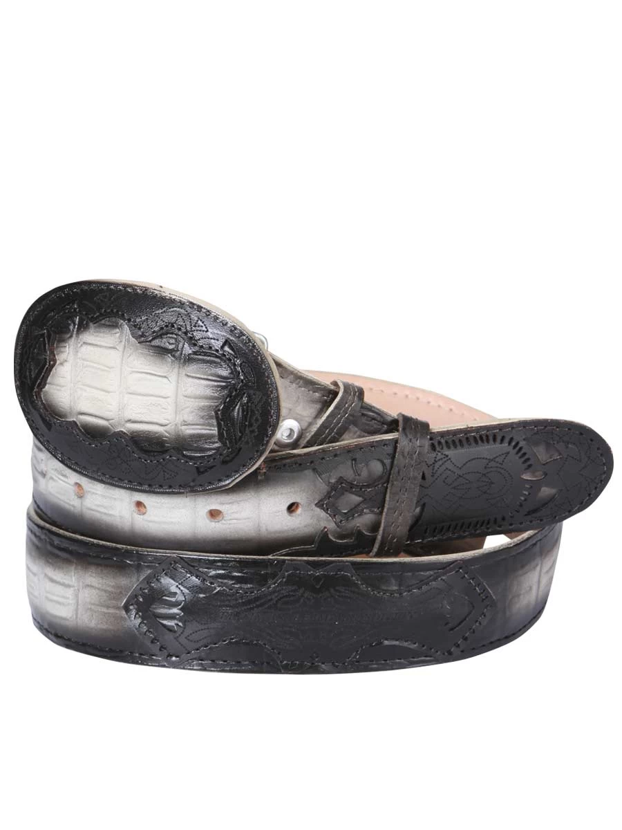 Cinto Vaquero Imitacion De Caiman Grabado En Piel Vacuno Para Hombre Con Hebilla Ovalada, 1 1/2" Ancho 'El General' - ID: 34462