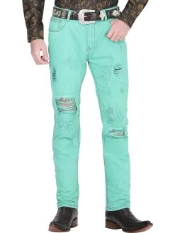 Pantalon De Mezclilla Casual Rasgado Verde Para Hombre 'El General' - ID: 34723
