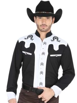 Camisa Vaquera Charra Bordada Manga Larga Negro/Blanco Para Hombre 'El Señor De Los Cielos' - ID: 35188