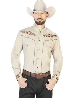 Camisa Vaquera Charra Bordada Manga Larga Caqui Para Hombre 'El Señor De Los Cielos' - ID: 40789