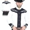 Camisa Vaquera Charra Bordada Manga Larga Blanco/Negro Para Hombre 'El Señor De Los Cielos' - ID: 40792