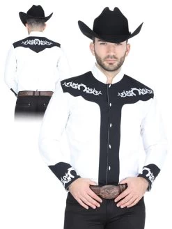 Camisa Vaquera Charra Bordada Manga Larga Blanco/Negro Para Hombre 'El Señor De Los Cielos' - ID: 40792