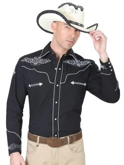 Camisa Vaquera Bordada Manga Larga Negro Para Hombre 'El General' - ID: 40983