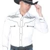 Camisa Vaquera Bordada Manga Larga Blanco Para Hombre 'El General' - ID: 40984