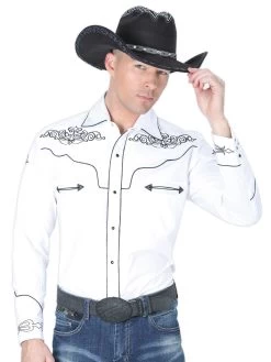 Camisa Vaquera Bordada Manga Larga Blanco Para Hombre 'El General' - ID: 40984
