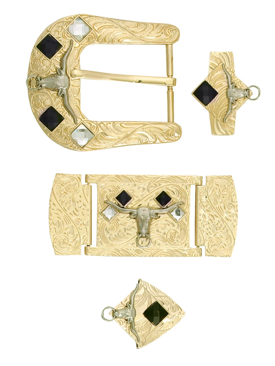 Herraje Para Cinto Vaquero De 1 1/2" Adorno Toro Cristal Negro/Blanco 6-Pzas De Metal Dorado Grabado 'El General' - ID: 41514