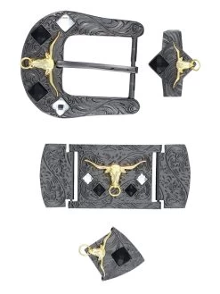 Herraje Para Cinto Vaquero De 1 1/2" Adorno Toro Cristal Negro/Blanco 6-Pzas De Metal Ahumado Grabado 'El General' - ID: 41515