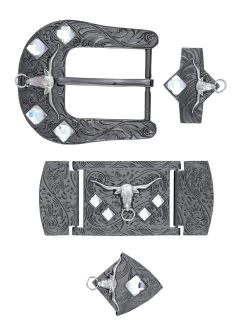 Herraje Para Cinto Vaquero De 1 1/2" Adorno Toro Cristal Blanco 6-Pzas De Metal Ahumado Grabado 'El General' - ID: 41516