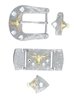 Herraje Para Cinto Vaquero De 1 1/2" Adorno Toro Cristal Blanco 6-Pzas De Metal Plateado Grabado 'El General' - ID: 41517