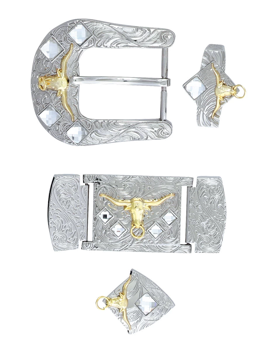 Herraje Para Cinto Vaquero De 1 1/2" Adorno Toro Cristal Blanco 6-Pzas De Metal Plateado Grabado 'El General' - ID: 41517