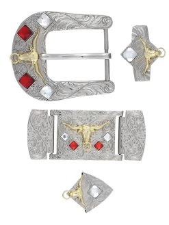 Herraje Para Cinto Vaquero De 1 1/2" Adorno Toro Cristal Rojo/Blanco 6-Pzas De Metal Plateado Grabado 'El General' - ID: 41518