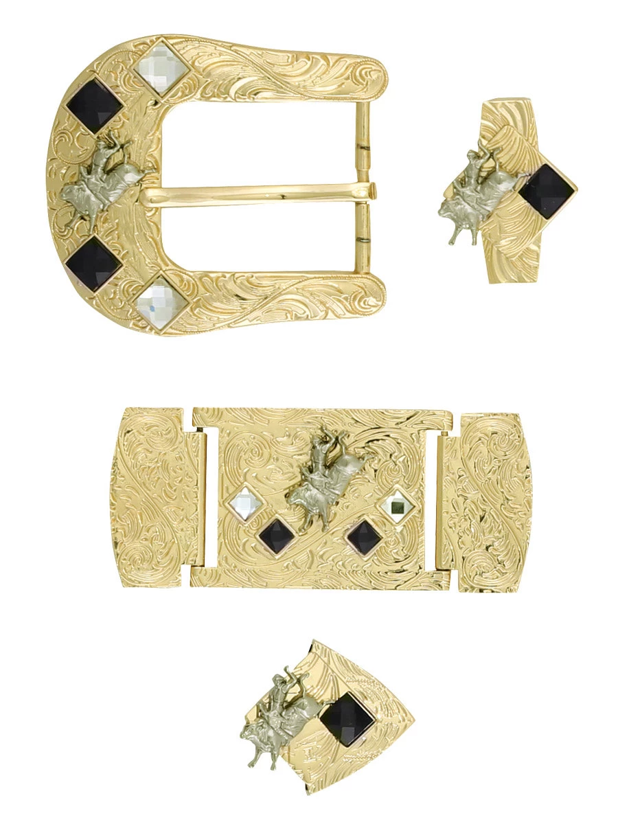 Herraje Para Cinto Vaquero De 1 1/2" Adorno Jinete Cristal Negro/Blanco 6-Pzas De Metal Dorado Grabado 'El General' - ID: 41519