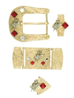 Herraje Para Cinto Vaquero De 1 1/2" Adorno Jinete Cristal Rojo/Blanco 6-Pzas De Metal Dorado Grabado 'El General' - ID: 41520