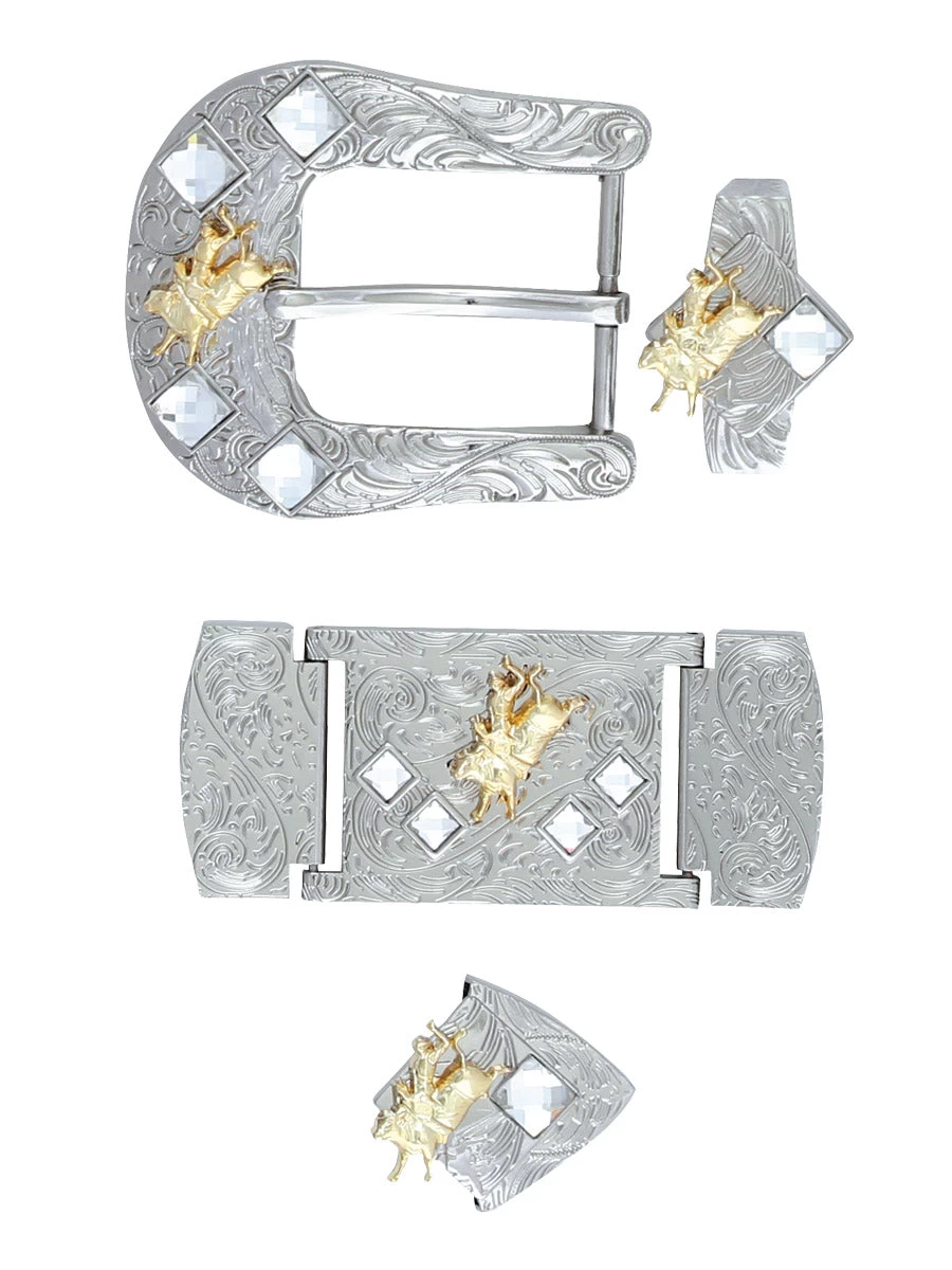 Herraje Para Cinto Vaquero De 1 1/2" Adorno Jinete Cristal Blanco 6-Pzas De Metal Plateado Grabado 'El General' - ID: 41521