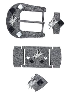 Herraje Para Cinto Vaquero De 1 1/2" Adorno Jinete Cristal Blanco 6-Pzas De Metal Ahumado Grabado 'El General' - ID: 41522