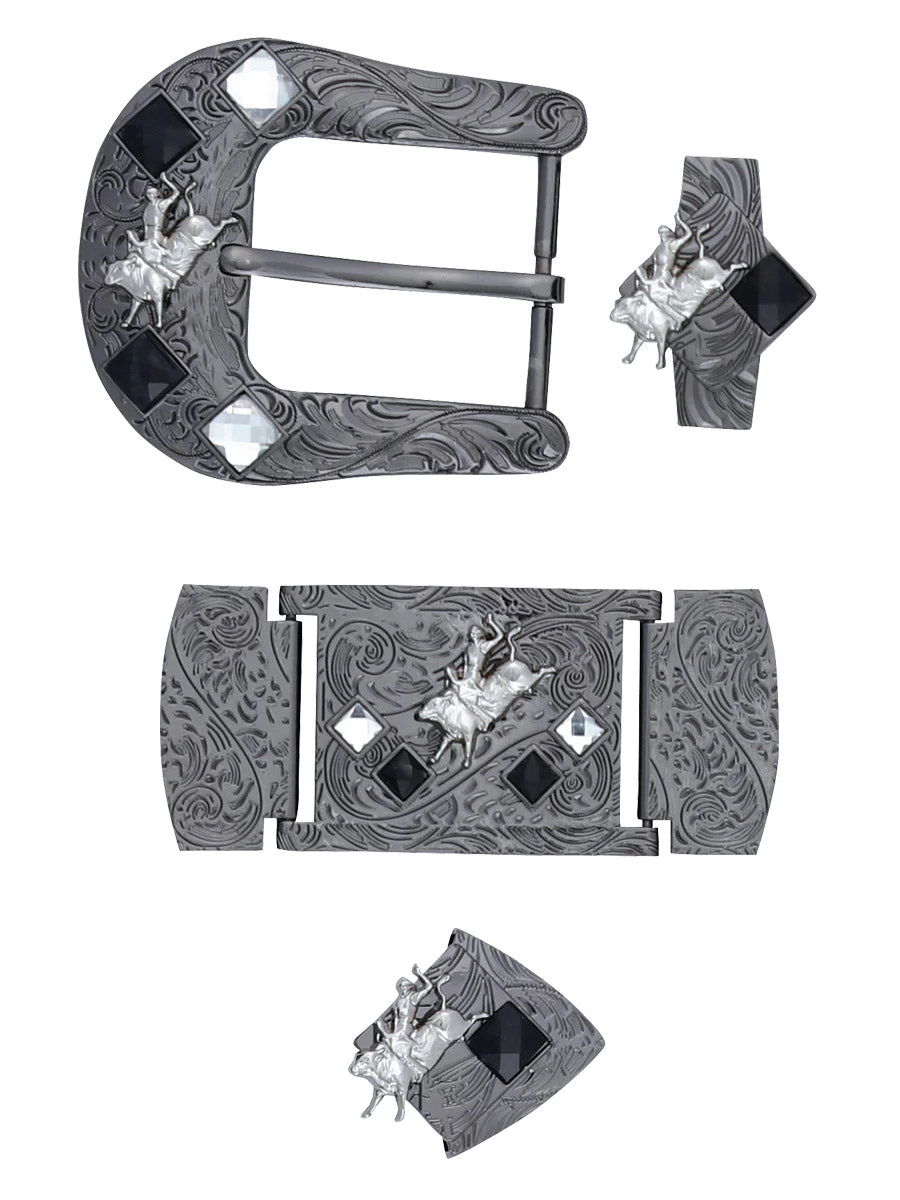 Herraje Para Cinto Vaquero De 1 1/2" Adorno Jinete Cristal Blanco 6-Pzas De Metal Ahumado Grabado 'El General' - ID: 41522