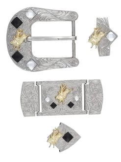 Herraje Para Cinto Vaquero De 1 1/2" Adorno Jinete Cristal Negro/Blanco 6-Pzas De Metal Plateado Grabado 'El General' - ID: 41523