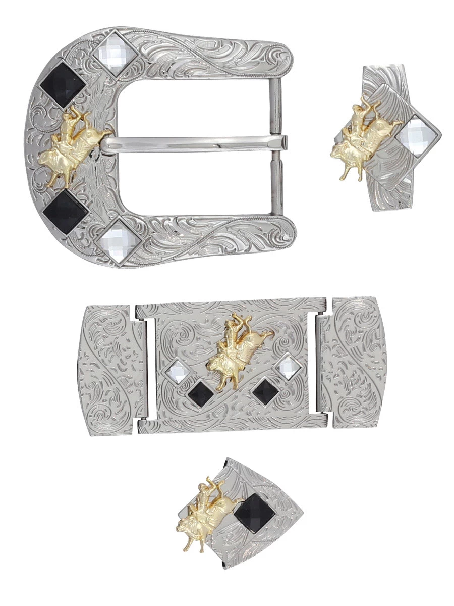 Herraje Para Cinto Vaquero De 1 1/2" Adorno Jinete Cristal Negro/Blanco 6-Pzas De Metal Plateado Grabado 'El General' - ID: 41523