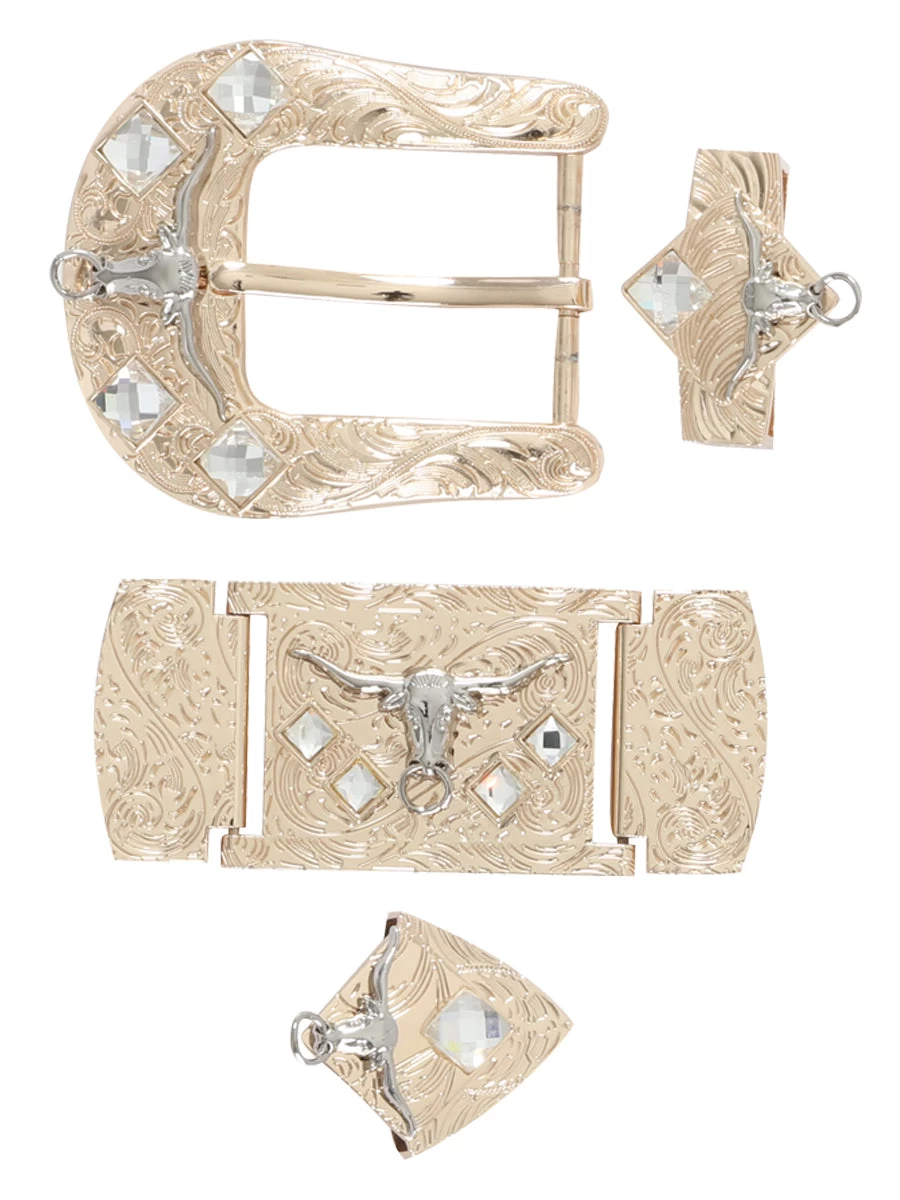 Herraje Para Cinto Vaquero De 1 1/2" Adorno Toro Cristal Blanco 6-Pzas De Metal Dorado Grabado 'El General' - ID: 41557
