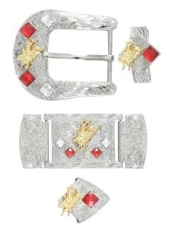 Herraje Para Cinto Vaquero De 1 1/2" Adorno Jinete Cristal Rojo/Blanco 6-Pzas De Metal Plateado Grabado 'El General' - ID: 41606