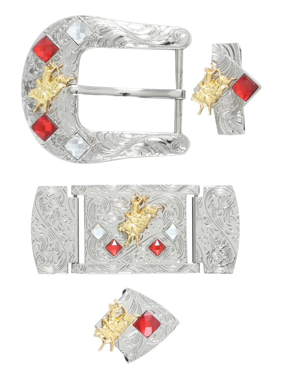 Herraje Para Cinto Vaquero De 1 1/2" Adorno Jinete Cristal Rojo/Blanco 6-Pzas De Metal Plateado Grabado 'El General' - ID: 41606