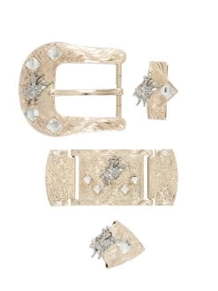 Herraje Para Cinto Vaquero De 1 1/2" Adorno Jinete Cristal Blanco 6-Pzas De Metal Dorado Grabado 'El General' - ID: 41629