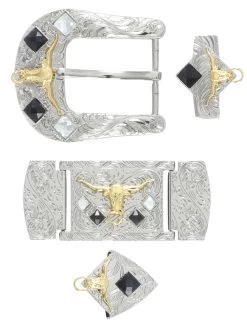 Herraje Para Cinto Vaquero De 1 1/2" Adorno Toro Cristal Negro/Blanco 6-Pzas De Metal Plateado Grabado 'El General' - ID: 41630