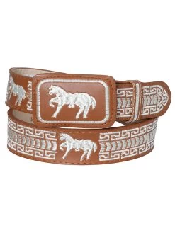 Cinto Vaquero Piteado De Piel Vacuno Para Hombre Con Caballos, 1 5/8" Ancho 'El General' - ID: 41699