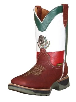 Botas De Trabajo Rodeo De Tubo Pull-On Bandera Mexico Con Punta Suave De Piel Genuina Para Hombre 'El General' - ID: 41717