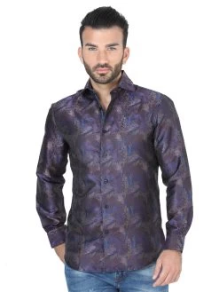 Camisa Casual Manga Larga Estampada Azul/Cafe Para Hombre 'Centenario' - ID: 41720
