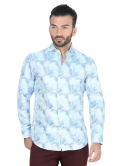 Camisa Casual Manga Larga Estampada Azul/Amarillo Para Hombre 'Centenario' - ID: 41726