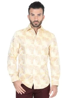 Camisa Casual Manga Larga Estampada Amarillo/Oro Para Hombre 'Centenario' - ID: 41731