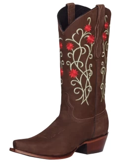 Botas Vaqueras Retro Con Tubo Bordado De Flores De Piel Nobuck Para Mujer 'El General' - ID: 41789