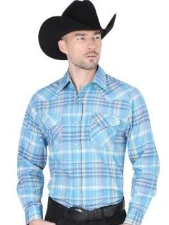Camisa Vaquera Manga Larga De Bolsillos Estampada Cuadros Azul Para Hombre 'El Señor De Los Cielos' - ID: 41976
