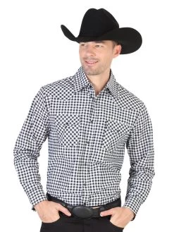 Camisa Vaquera Manga Larga De Bolsillos Estampada Cuadros Negro Para Hombre 'El Señor De Los Cielos' - ID: 42329