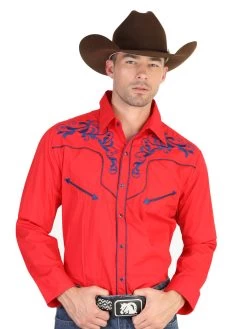 Camisa Vaquera Bordada Manga Larga Rojo Para Hombre 'El Señor De Los Cielos' - ID: 42345