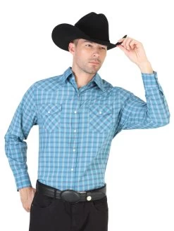 Camisa Vaquera Manga Larga De Bolsillos Estampada Cuadros Gris Para Hombre 'El Señor De Los Cielos' - ID: 42461