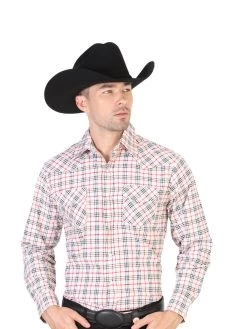 Camisa Vaquera Manga Larga De Bolsillos Estampada Cuadros Beige Para Hombre 'El Señor De Los Cielos' - ID: 42466