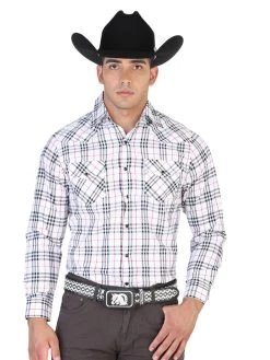 Camisa Vaquera Manga Larga De Bolsillos Estampada Cuadros Blanco Para Hombre 'El Señor De Los Cielos' - ID: 42467