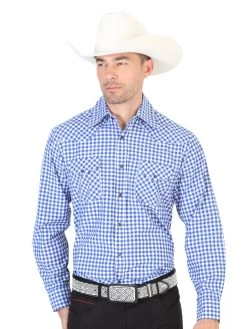 Camisa Vaquera Manga Larga De Bolsillos Estampada Cuadros Azul Oscuro Para Hombre 'El Señor De Los Cielos' - ID: 42468