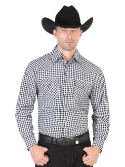 Camisa Vaquera Manga Larga De Bolsillos Estampada Cuadros Negro Para Hombre 'El Señor De Los Cielos' - ID: 42469