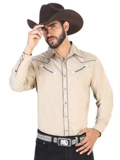 Camisa Vaquera Bordada Manga Larga Kakhi Para Hombre 'El General' - ID: 42508