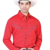 Camisa Vaquera Bordada Manga Larga Rojo Para Hombre 'El General' - ID: 42520