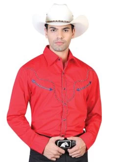 Camisa Vaquera Bordada Manga Larga Rojo Para Hombre 'El General' - ID: 42520