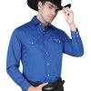 Camisa Vaquera Bordada Manga Larga Azul Cobalto Para Hombre 'El General' - ID: 42522